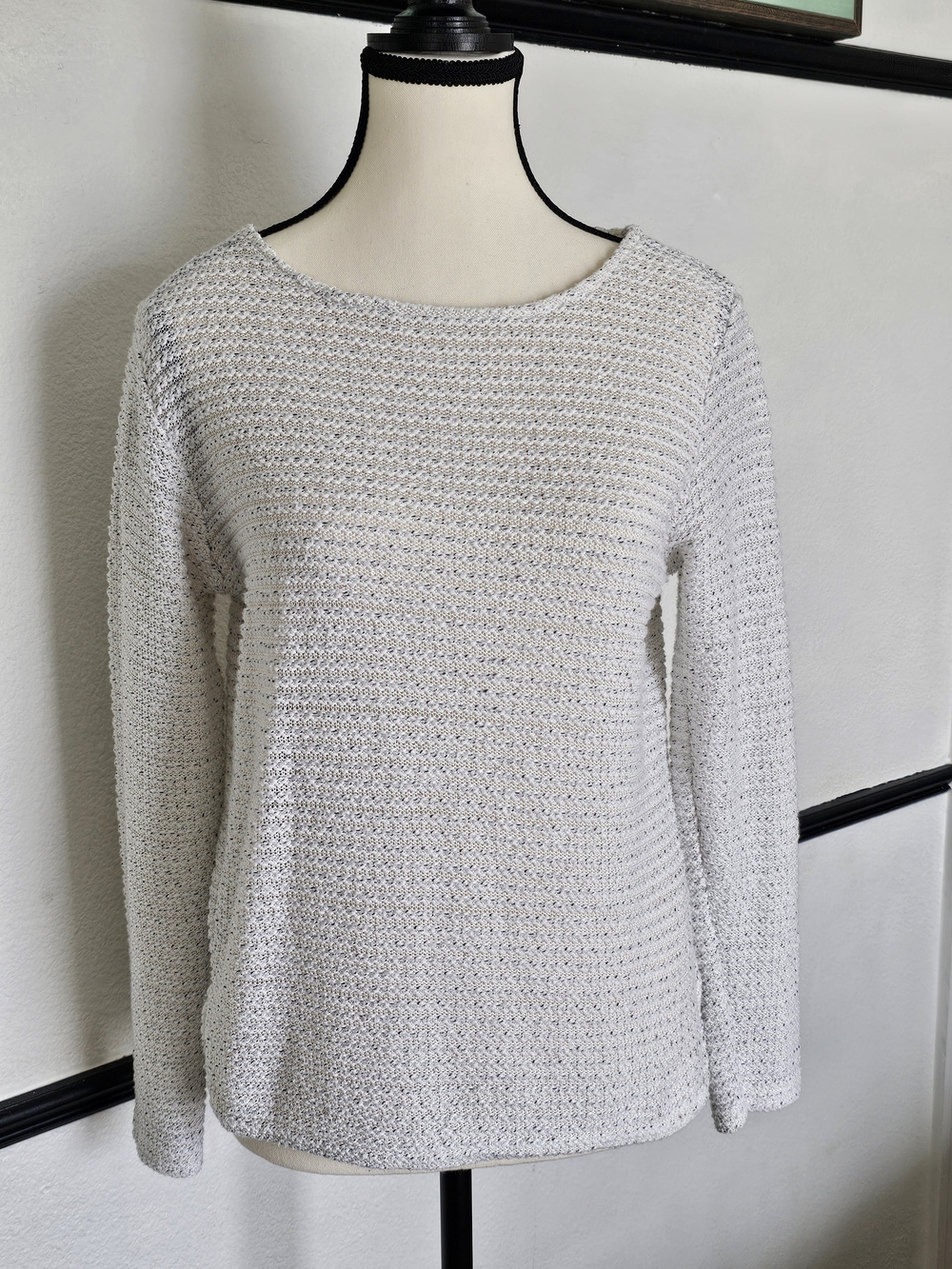 Mango White Crewneck Knit Sweater - Textured Long Sleeve(S)